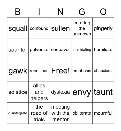 Chapters 1-8 Vocabulary Bingo Card