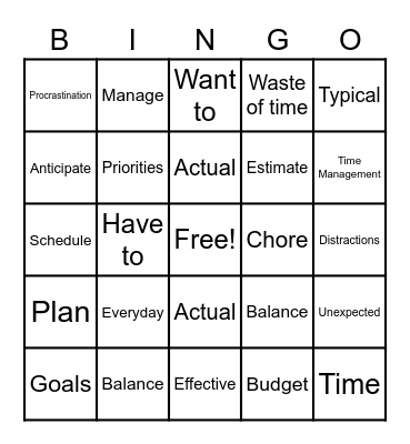 Time Management Bingo Card