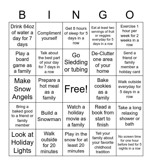 Winter Wellness Bingo Card