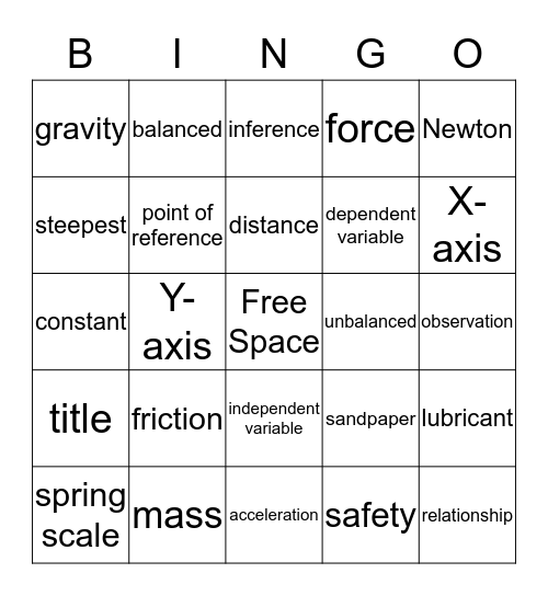 Forces and Motion Bingo Card