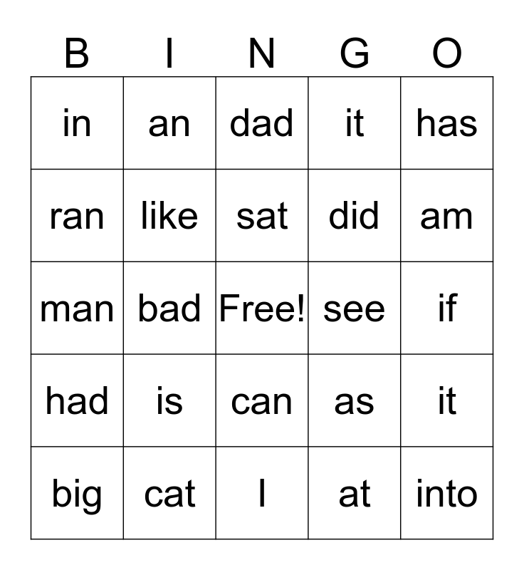 25 High Frequency Words Bingo Card