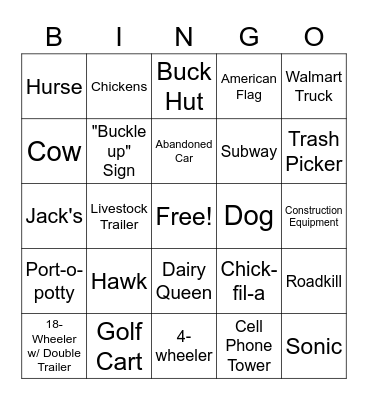 Alabama to Texas Bingo Card