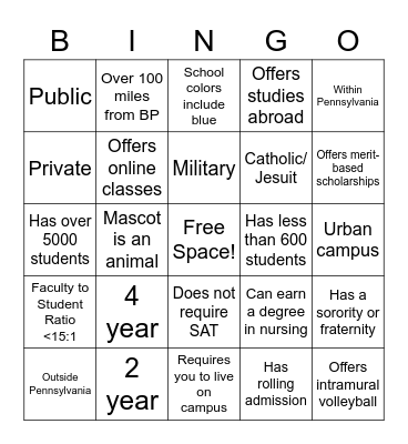College Fair Bingo Card