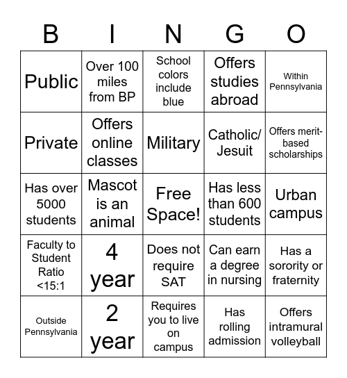 College Fair Bingo Card