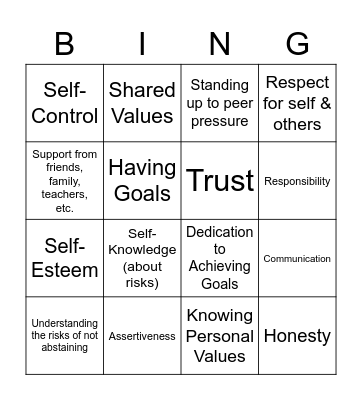 Abstinence Strategies Bingo Card