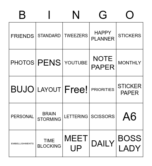 PLANNER BINGO Card