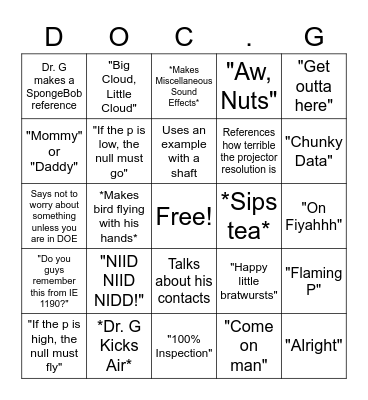 Doctor G Lecture Bingo Card