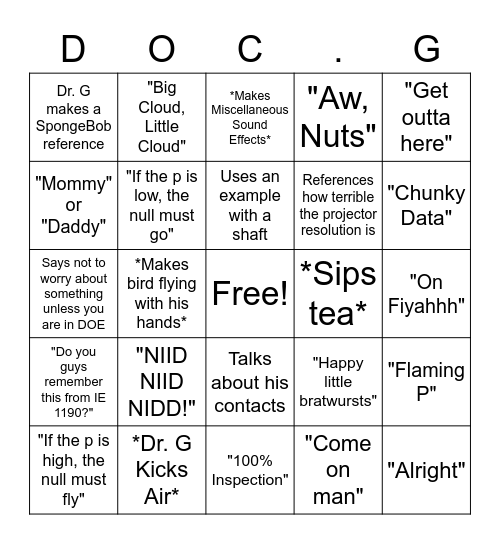 Doctor G Lecture Bingo Card