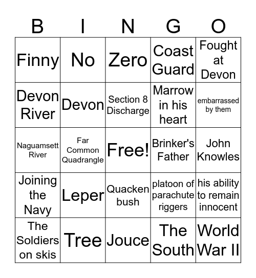 A Separate Peace Bingo Card