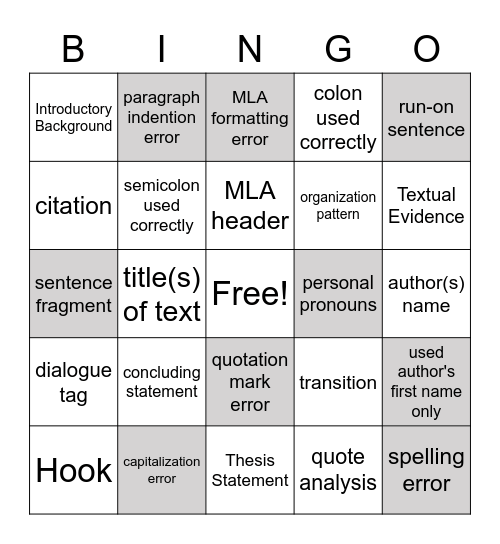 Info Essay - Peer Editing Bingo Card