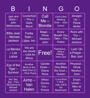 80s Songs Bingo Card