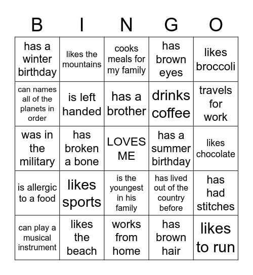 "My Dad" BINGO Card