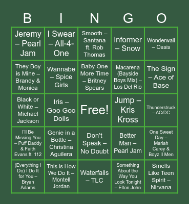 90s Songs Bingo Card