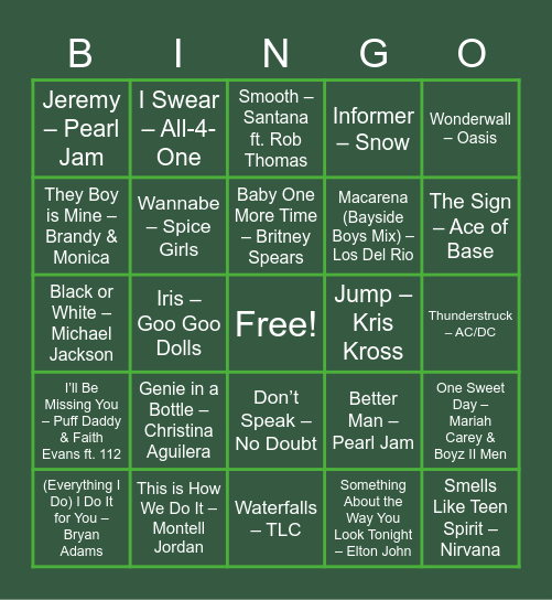 90s Songs Bingo Card