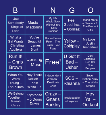 2000s Songs Bingo Card