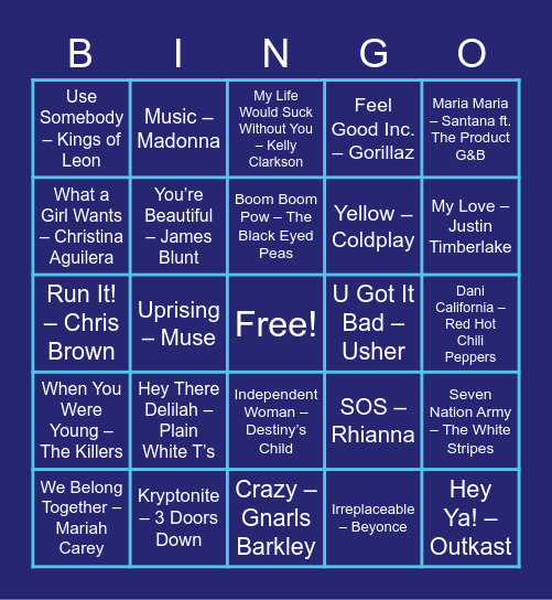 2000s Songs Bingo Card