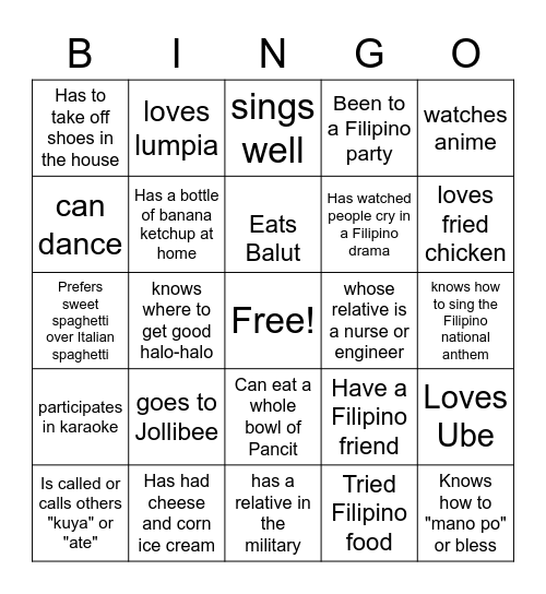 Filipino American Heritage Month Bingo Card