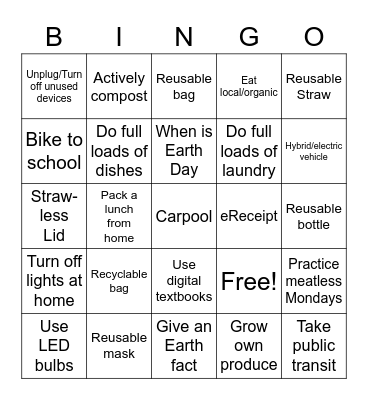 CCBC Sustainability Bingo Card