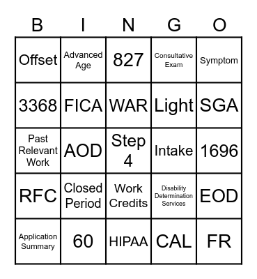 SSDI Bingo Card