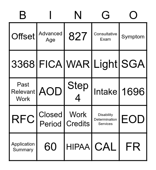 SSDI Bingo Card