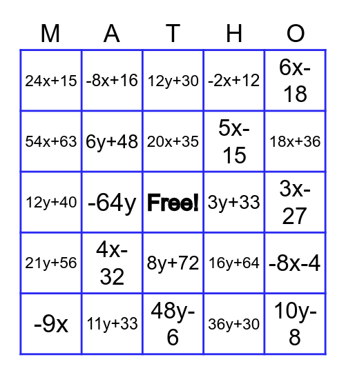 Distributive Property Bingo Card