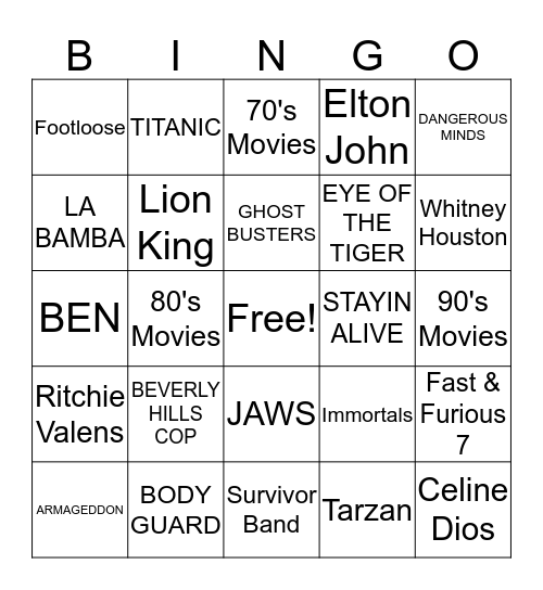 70's, 80's, 90's Movies Bingo Card