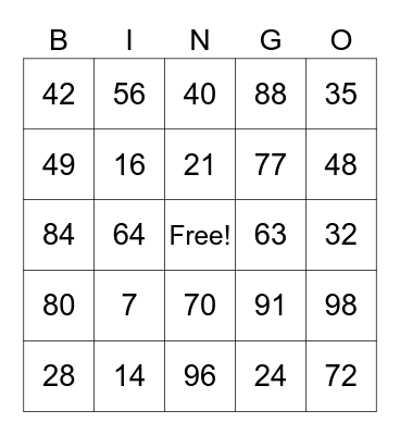 Number BINGO Card