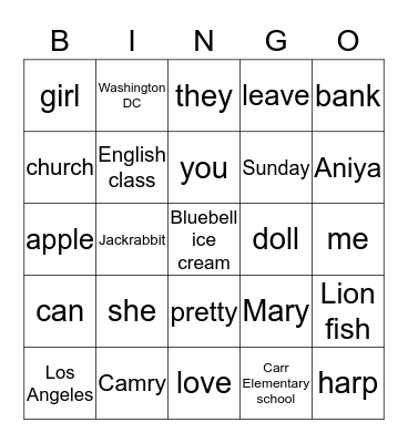Parts of Speech Bingo Card