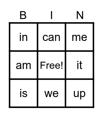 Sight Words Bingo Card