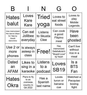 Ultimate Filipino Human Bingo Card