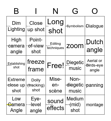 Year 11 English Film Techniques Bingo Card