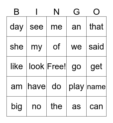 Kindergarten Instant Words (Group 2) Bingo Card