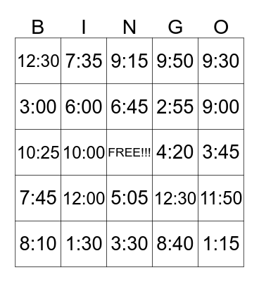 Telling Time Bingo Card