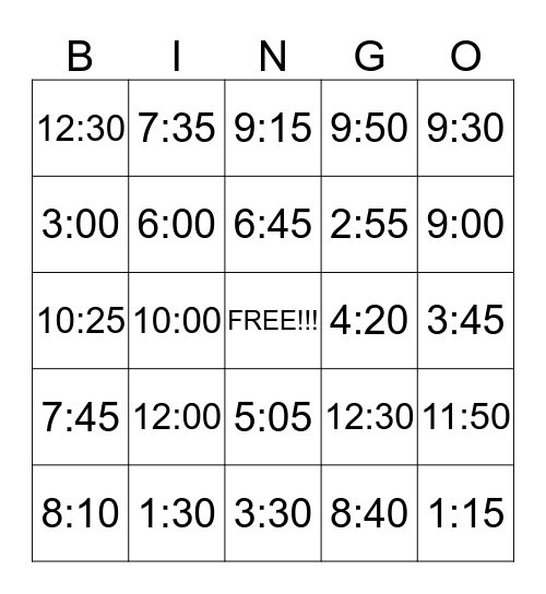 Telling Time Bingo Card