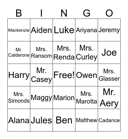 Mrs. Foley's Class Bingo Card