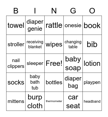 Kayla's Baby Gift Bingo Card