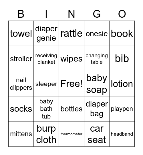 Kayla's Baby Gift Bingo Card