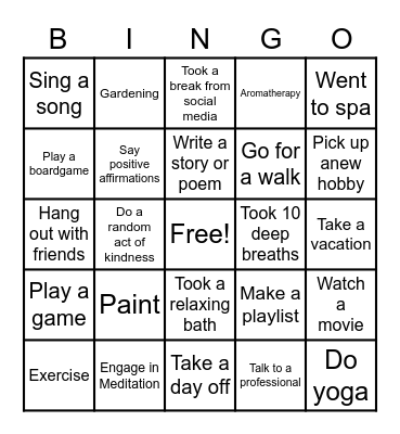 Stress Management Bingo Card