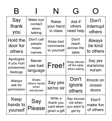 Good Manners Bingo Card