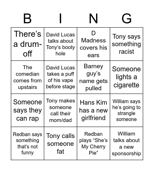Kill Tony Bingo Card