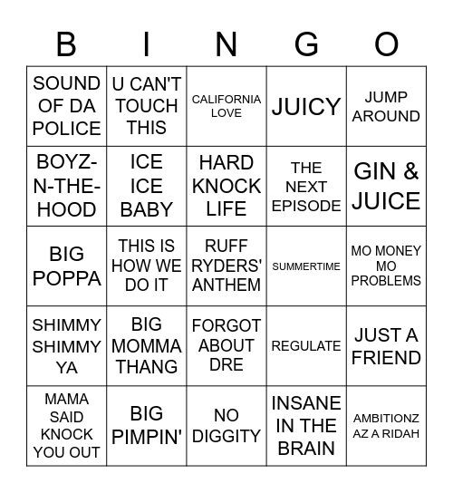 90'S RAP Bingo Card