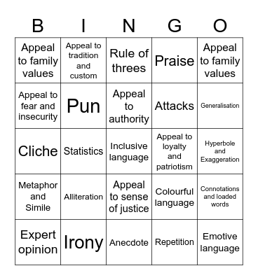 Persuasive Techniques Bingo Card