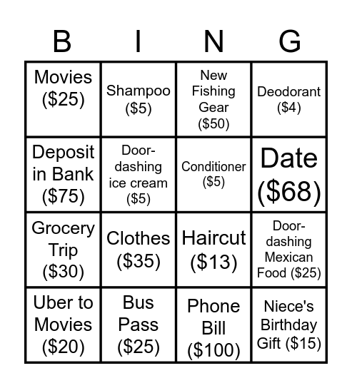 Money Management Bingo Card