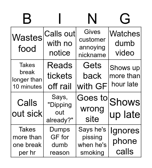 Josh Fuckup Bingo Card