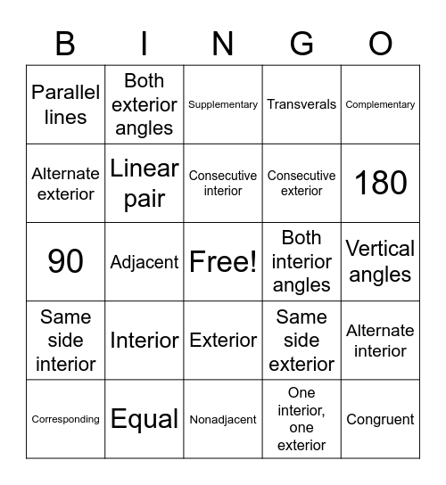 Angle Pairs Bingo Card