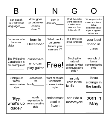 English 9 Bingo Card