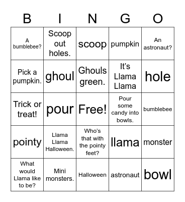 Llama Llama Trick or Treat Bingo Card