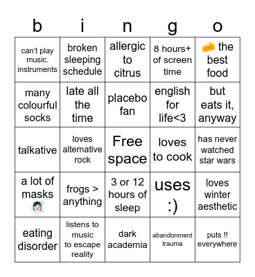 my personality Bingo Card