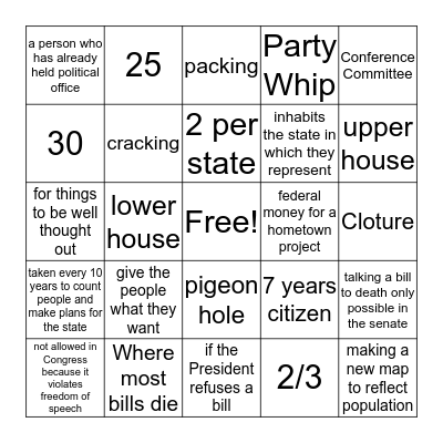 Congress Bingo Card