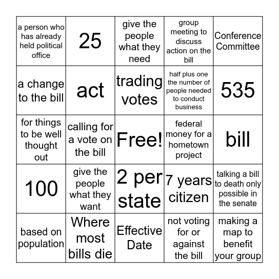 Congress Bingo Card